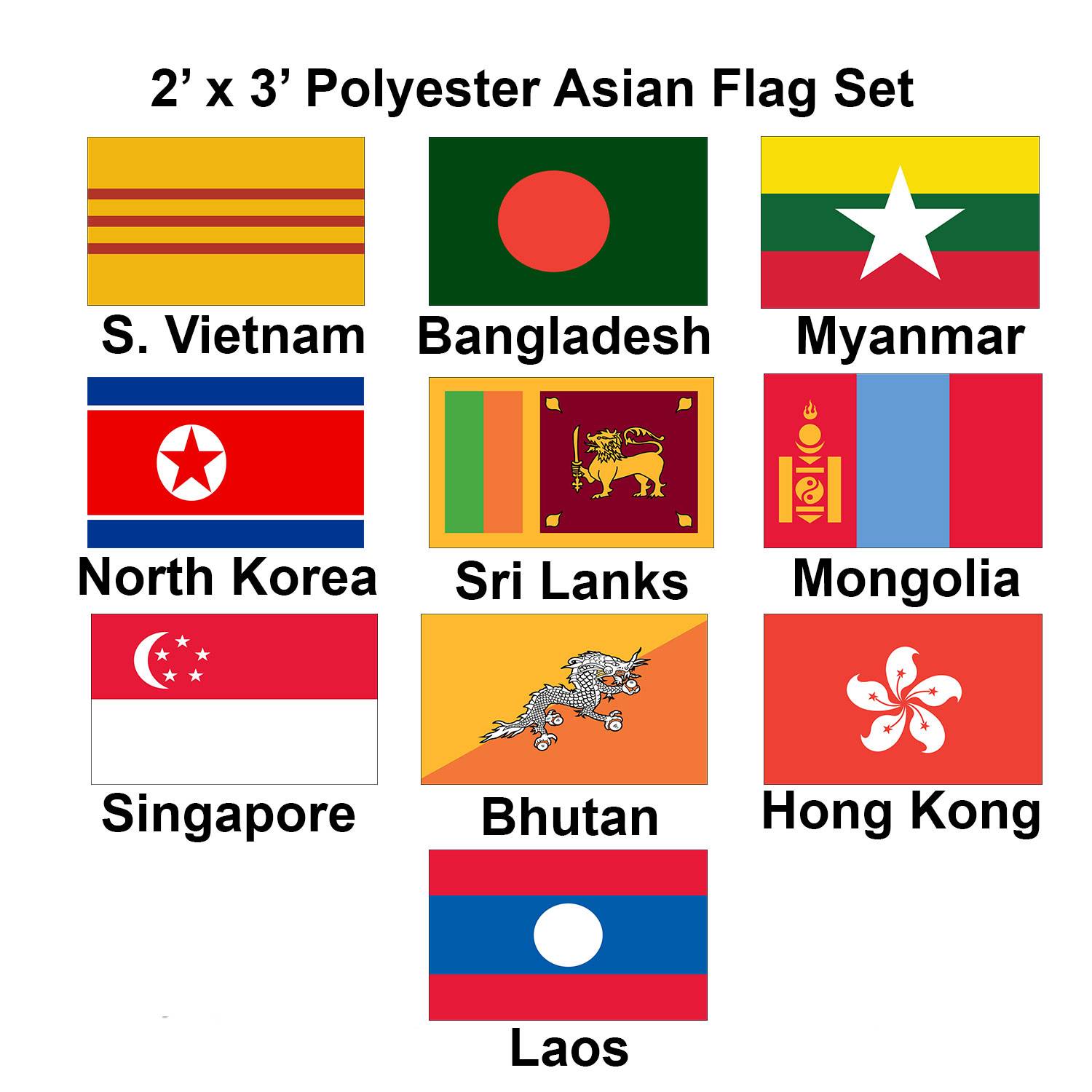 (2x3ft) Set of 10 Asian Polyester Flags - Set 2