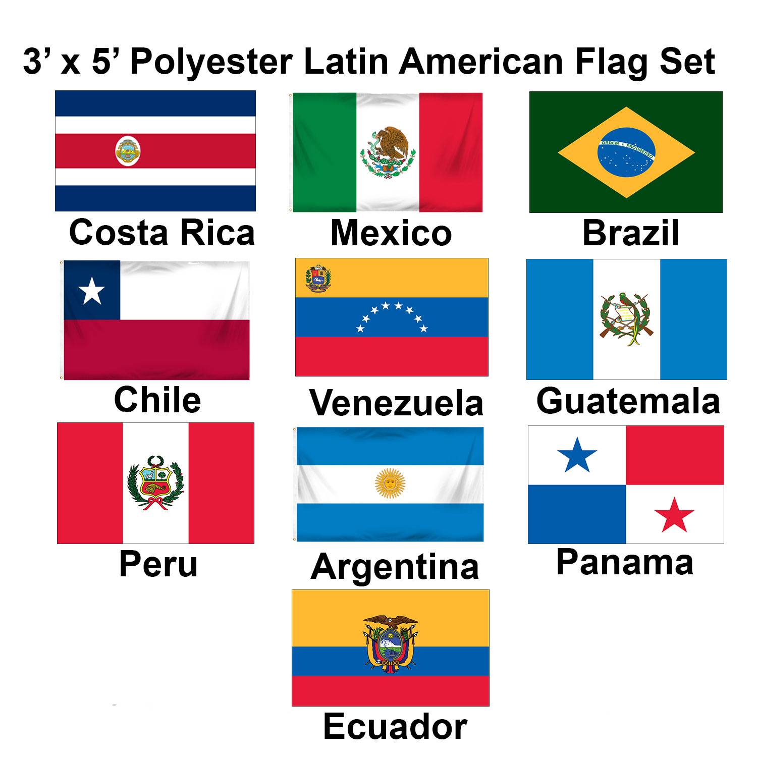 Set of 10 Latin American Flags - (3x5ft) - Set 1