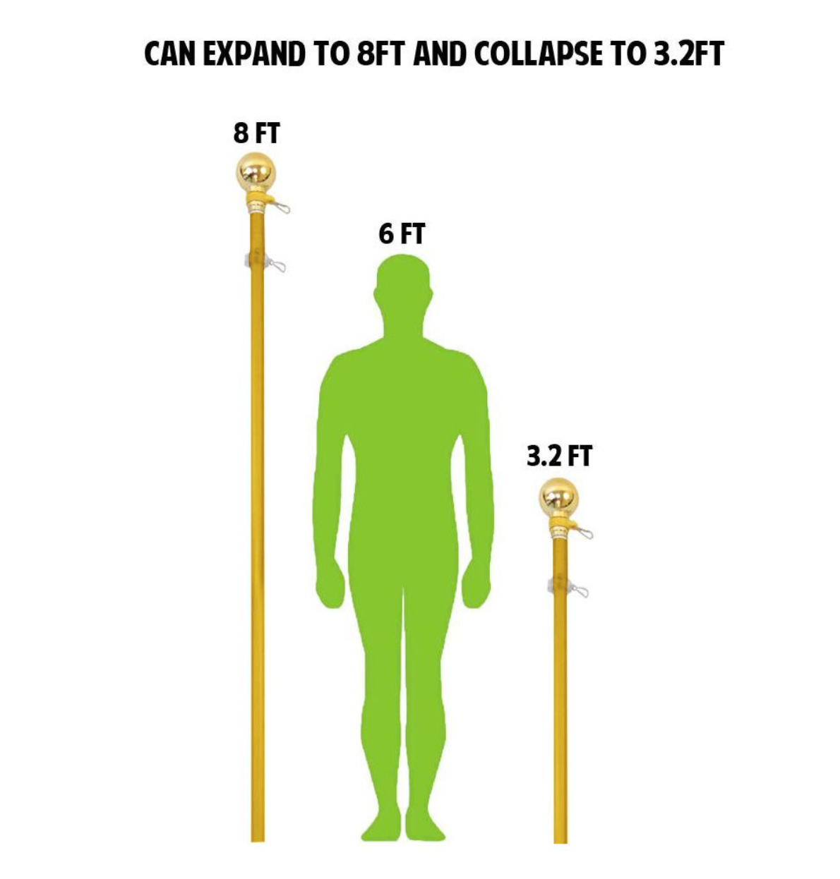 8ft. Gold Finished Flagpole Complete Set w/ Stand and Ball Top Ideal For Country Flags