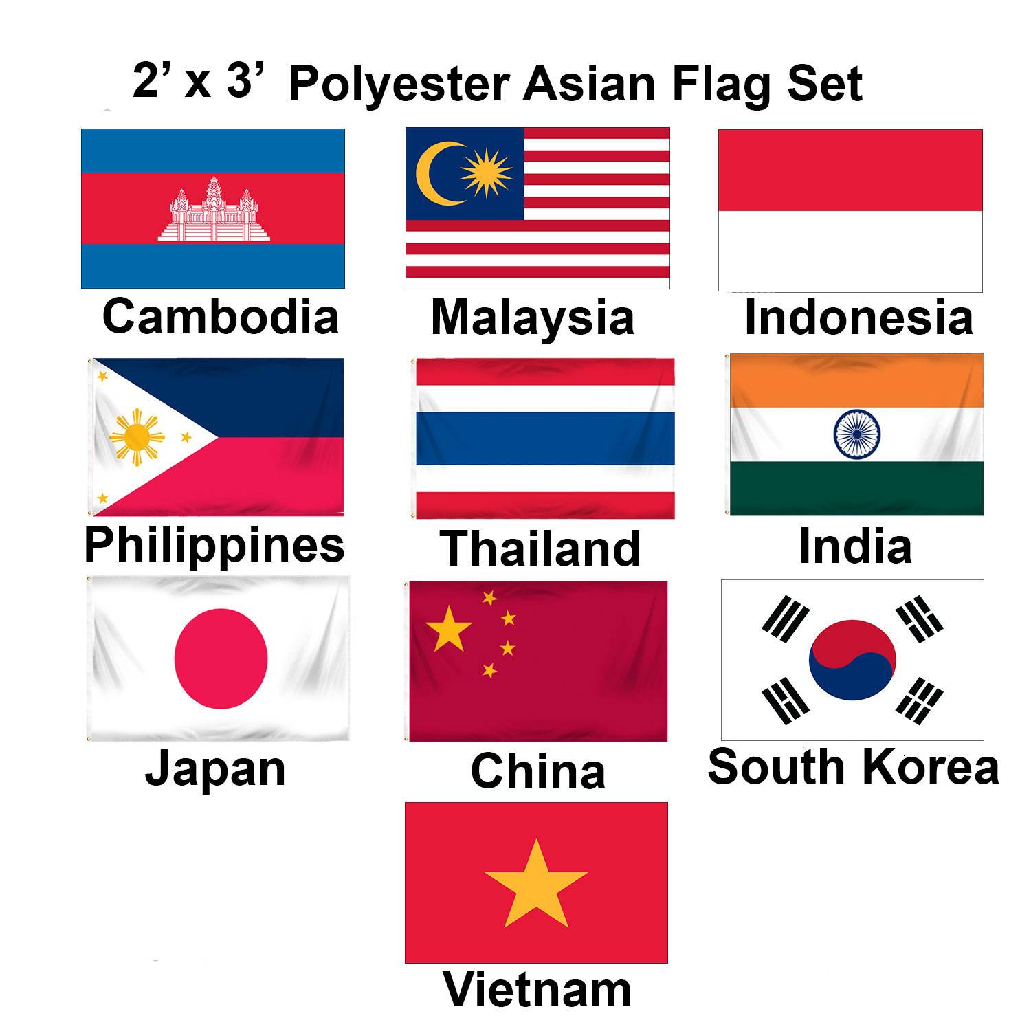 Asian Flags FOr Sale Cambodia Nalaysia Indonesia School and Church flags