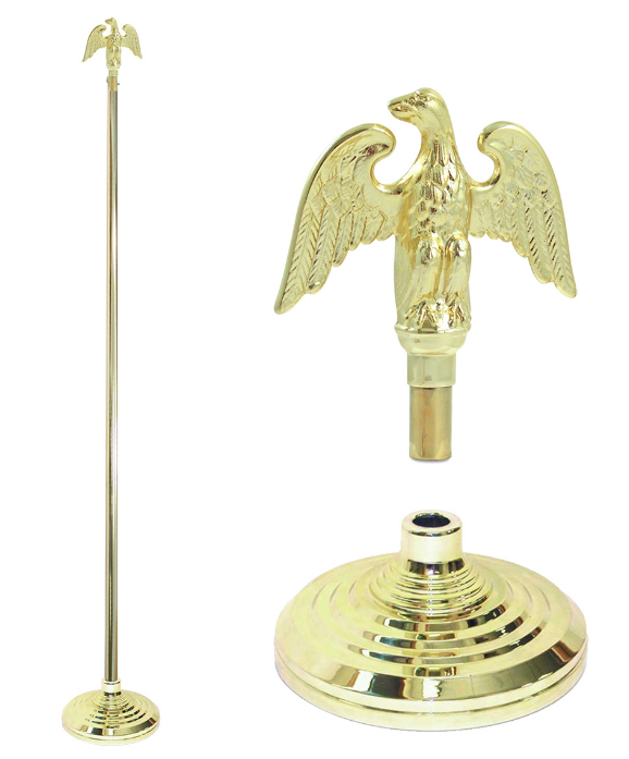 7' Foot Gold Finished Flag Pole With Stand and Eagle Ornament
