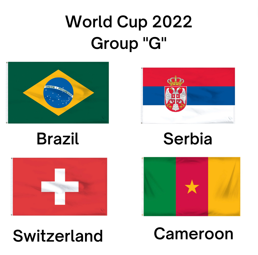 FIFA World Cup Flags - Group G includes: Brazil, Serbia, Switzerland, and Cameroon